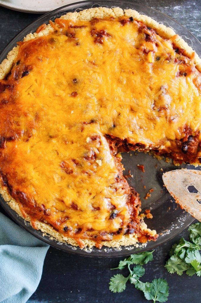 vegetarian tamale pie with one slice missing